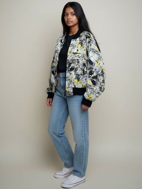 Vintage black white and yellow abstract print oversized bomber jacket size M/L